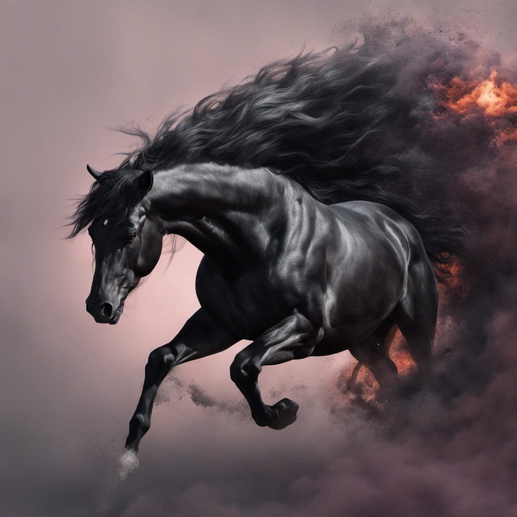 Hyperrealistic Black Horse with Smoking Hair in Attack