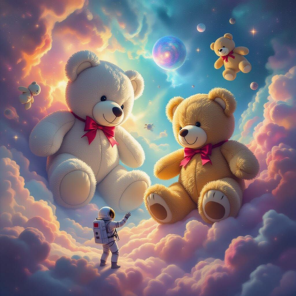 Cosmic Surrealism: Giant Stuffed Animals in Nebula