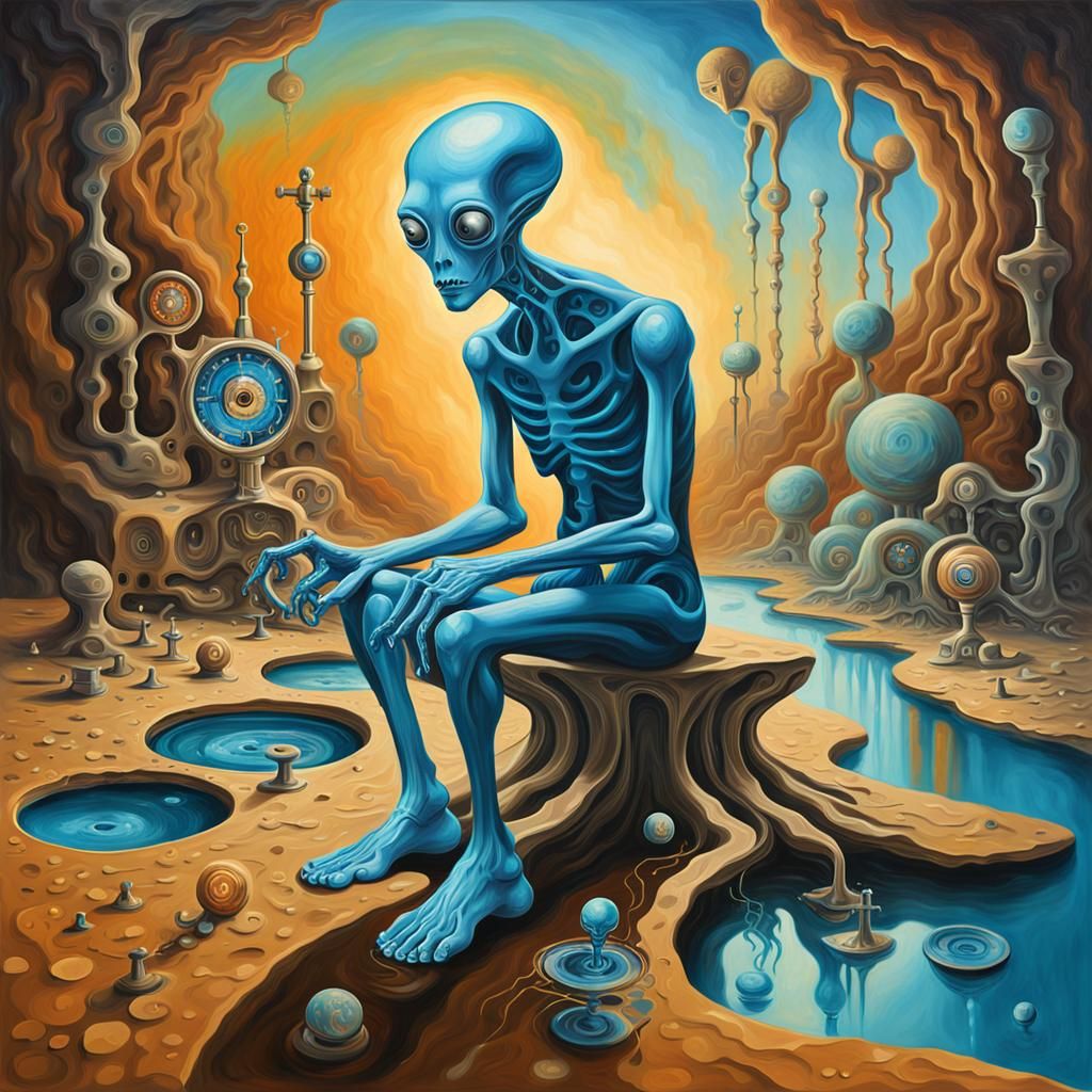 Alien Contemplates Clockwork in Surrealist Oil Painting