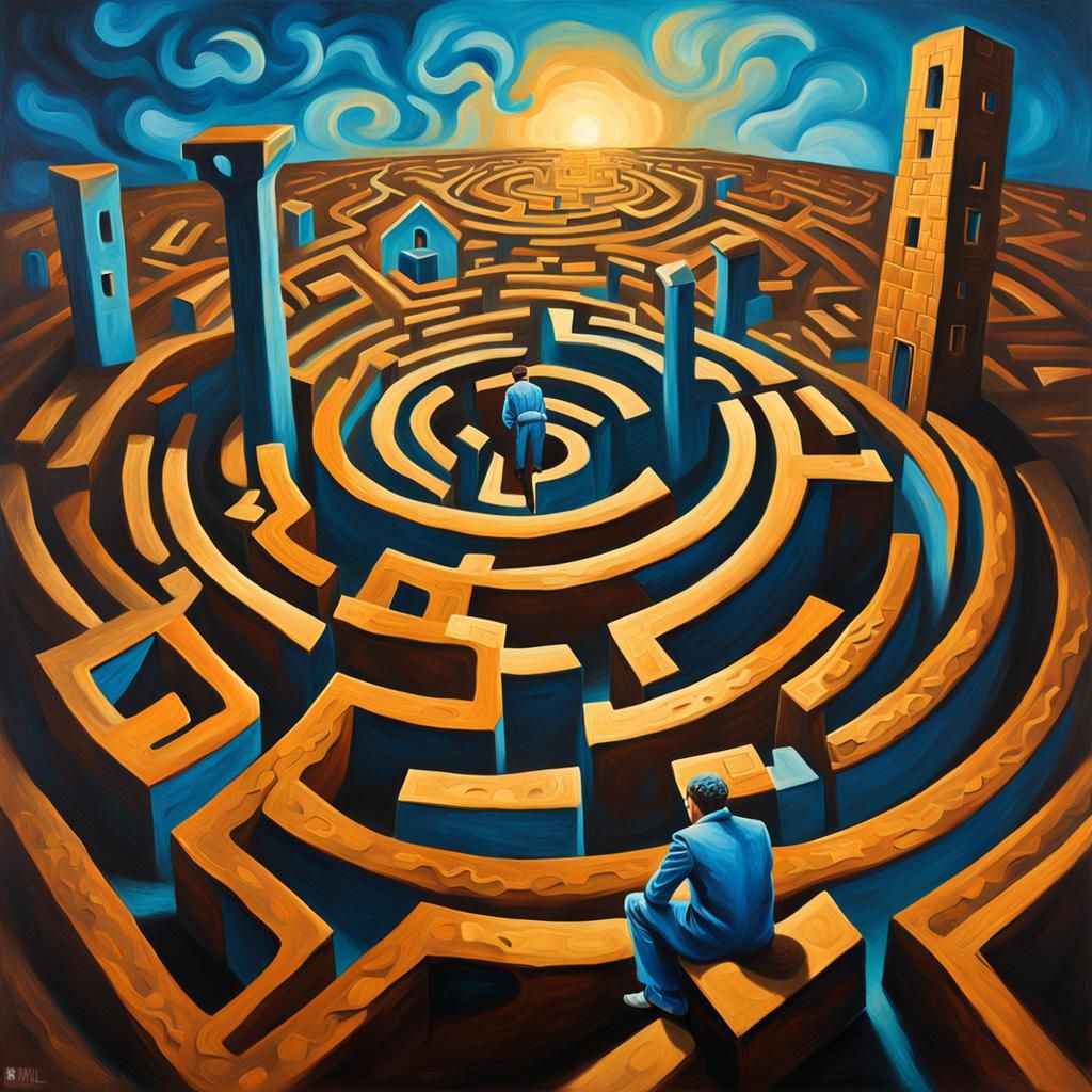 Surreal Entity Contemplates Maze in Fauvist Oil Painting