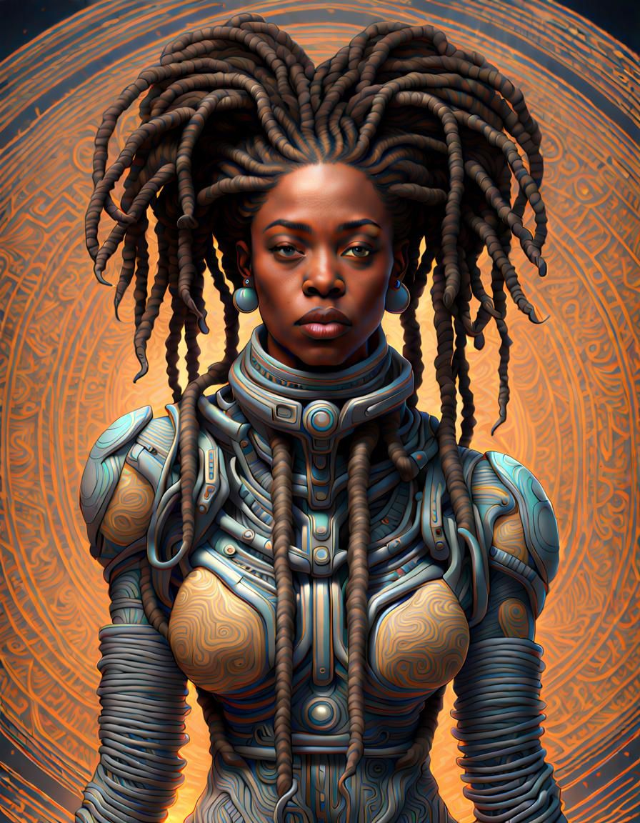 A complex spacesuit made from joy. Black woman with dreadlocks. Amanda Sage.  finalRender
