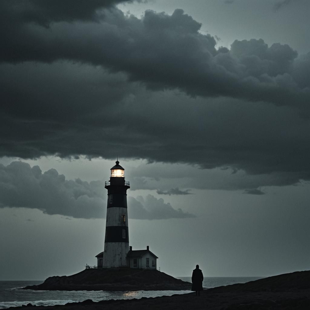 Menacing Figure at Lighthouse in Film Noir Style