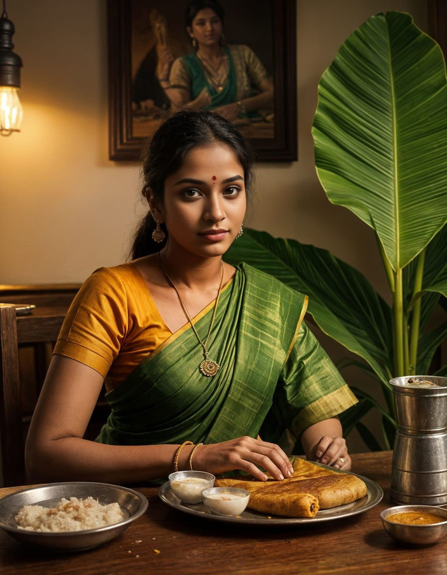 South Indian Woman Enjoys Traditional Breakfast Feast