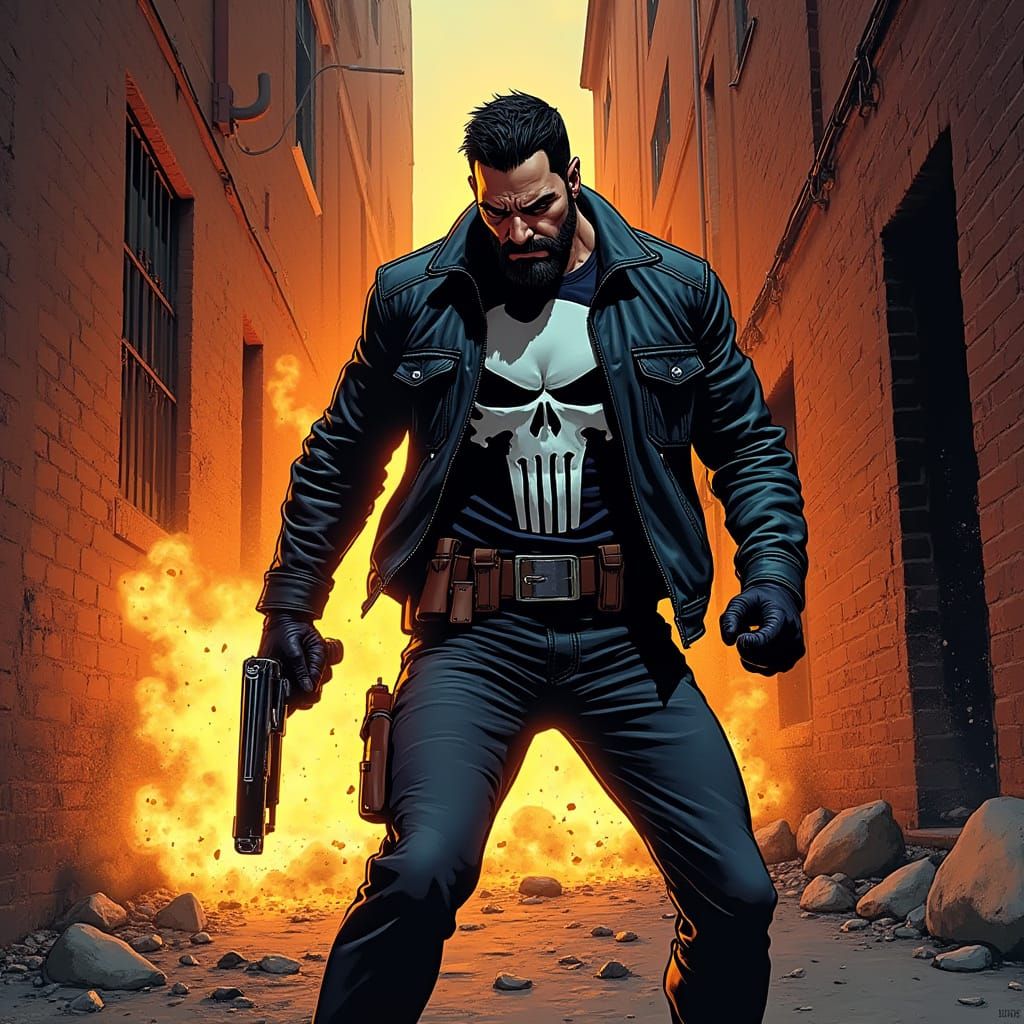 Punisher Frank Castle in Alleyway Fire Fight Comic Art
