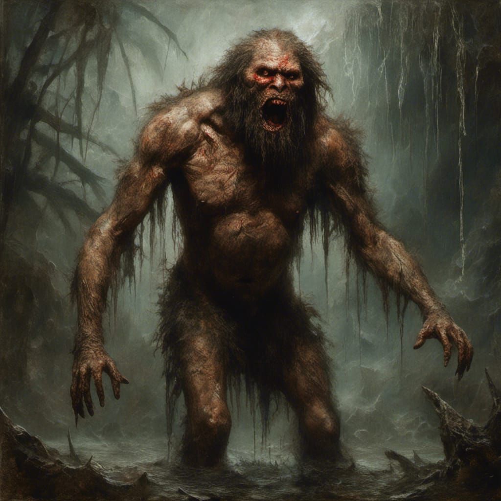 Macabre Neanderthal in Tropical Rainforest: Oil Painting