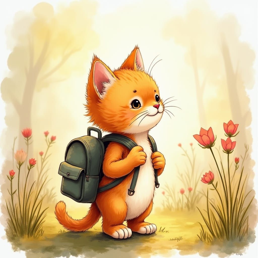 Whimsical Kitten in Surreal Landscape, Watercolor Illustrati...