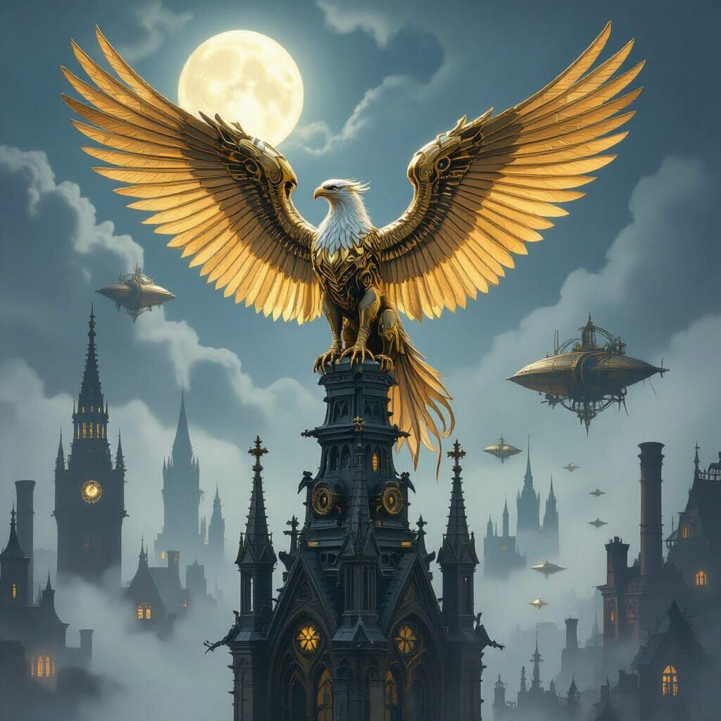 Griffin with Biomechanical Wings in Steampunk City