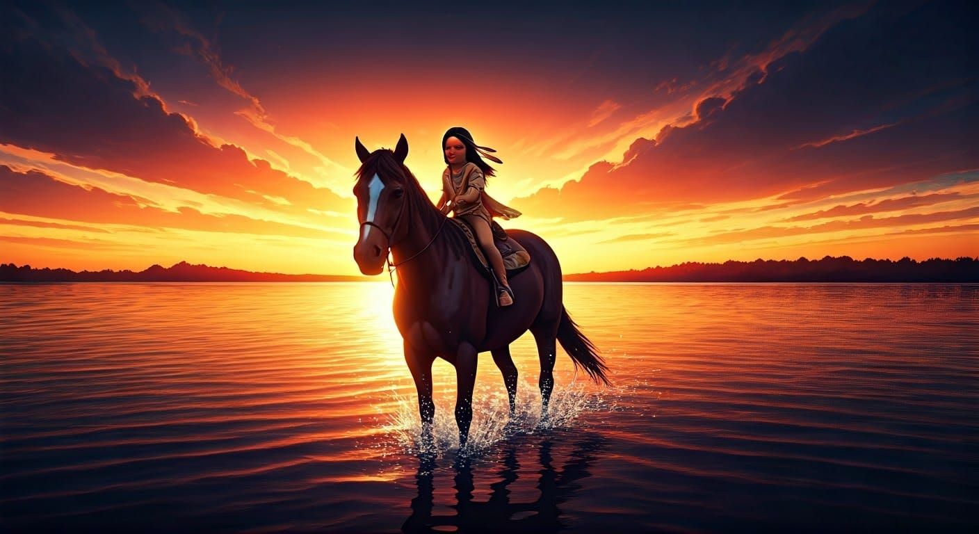 Native American Girl Rides Horse Through Sunset Waters