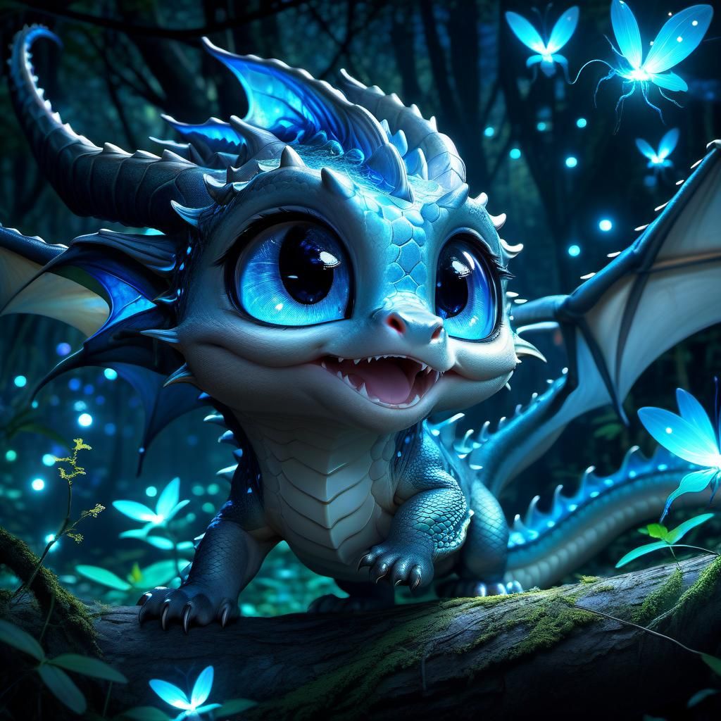 Happy Dragon Prancing in Bioluminescent Forest