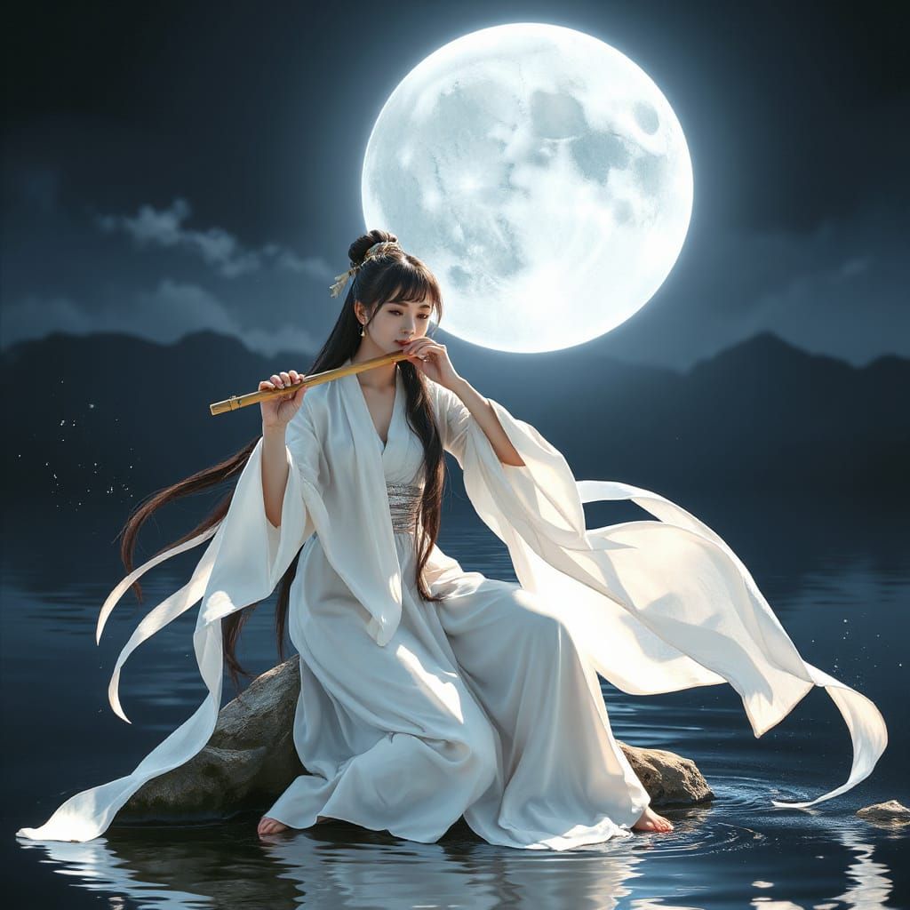 Serene Asian Flute Player Under Moonlight