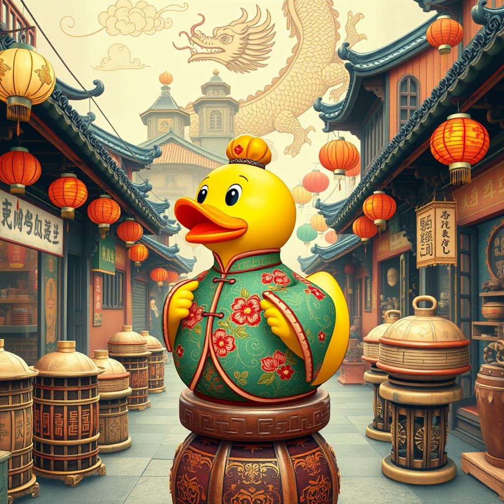 Chinese Folk Art Rubber Duck in Whimsical Townscape