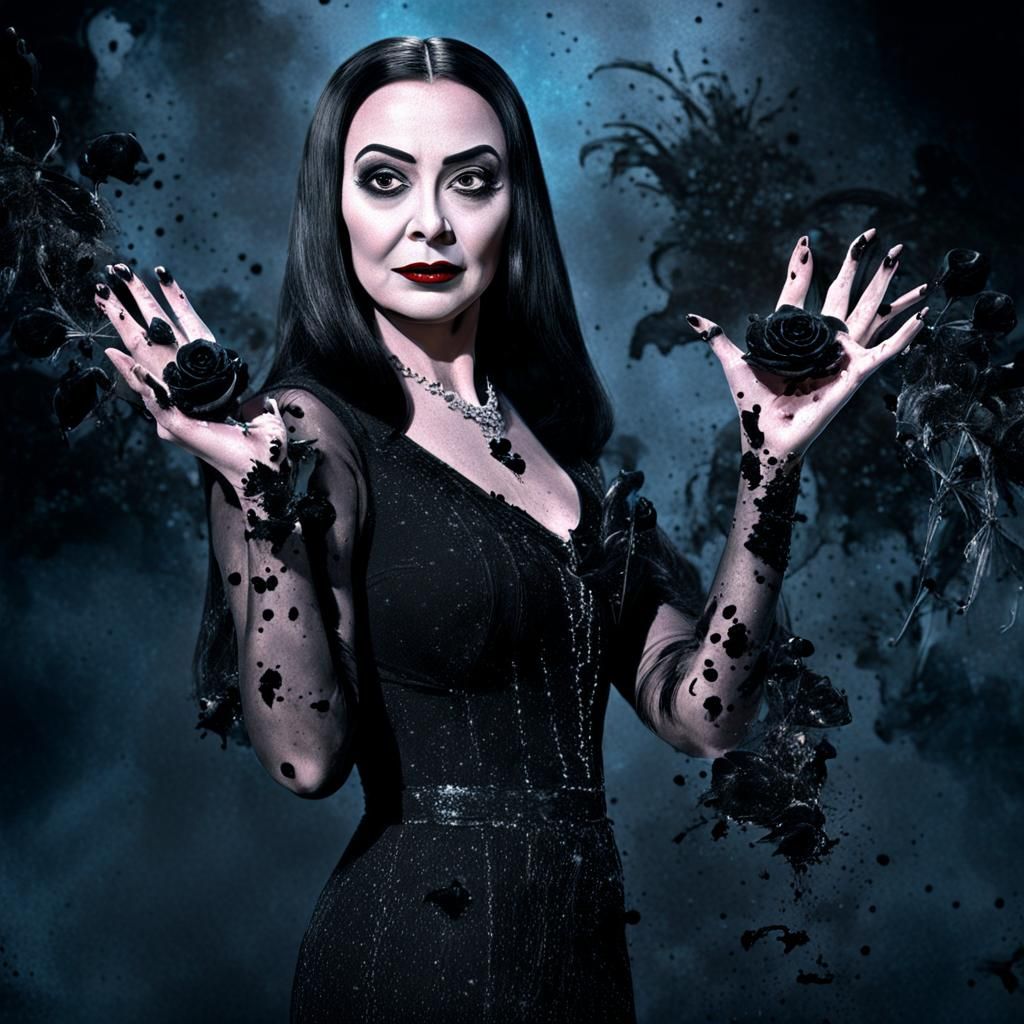 Morticia Addams with Black Roses in Splash Art
