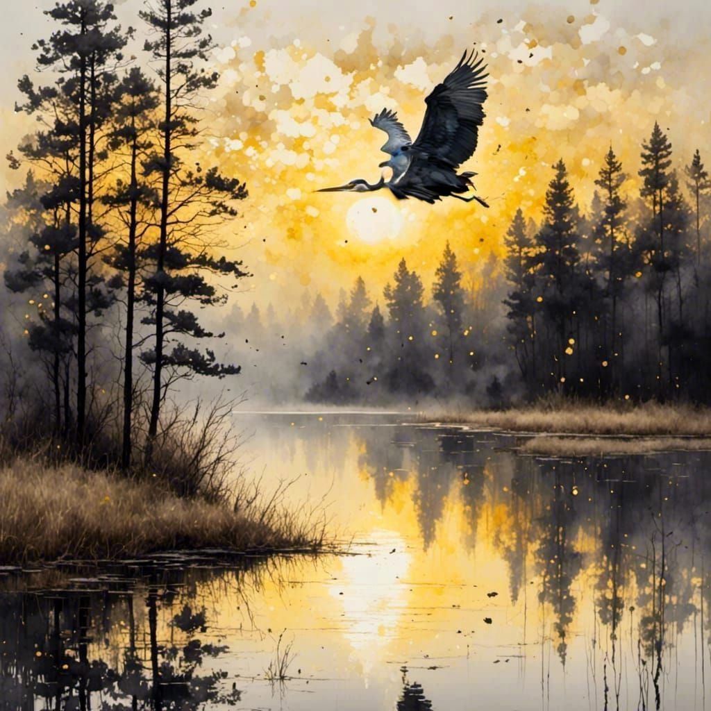Heron's Flight at Dawn: Antique Watercolor Painting