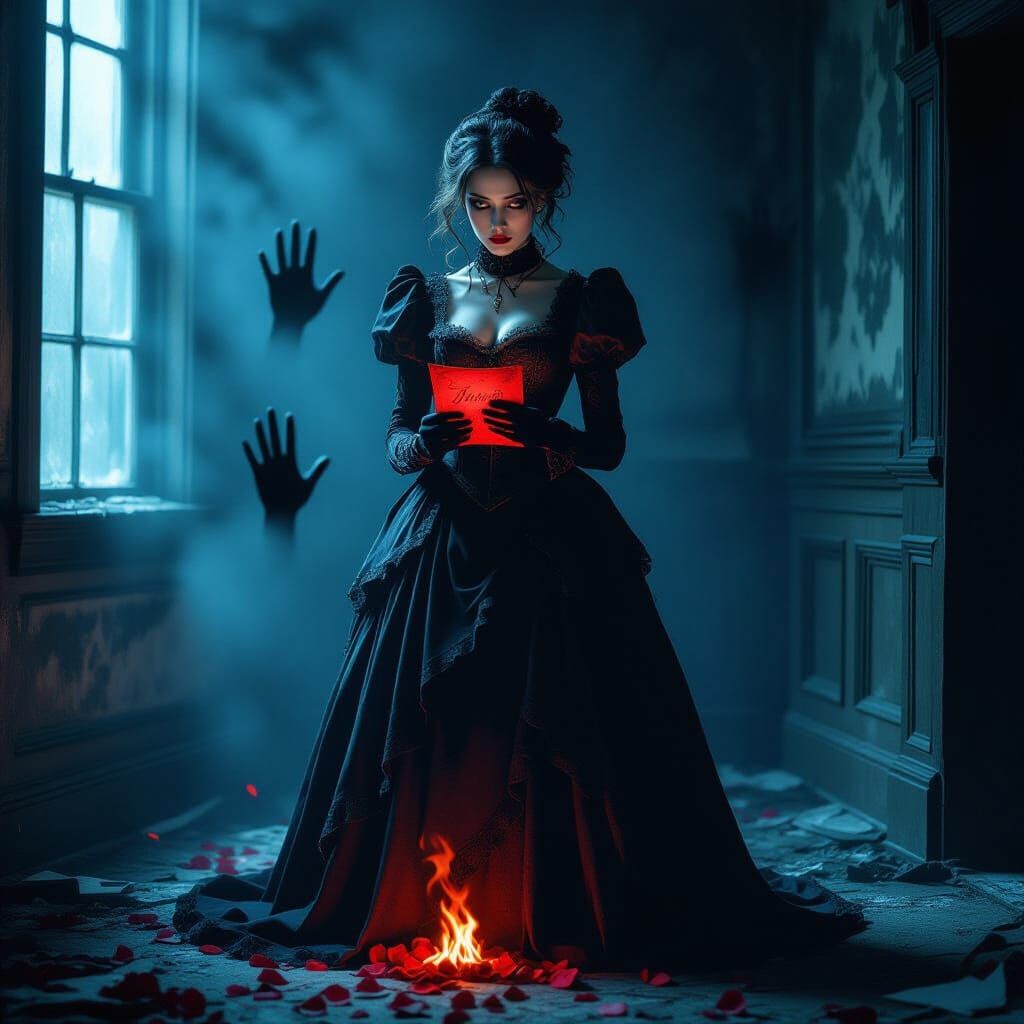 Gothic Woman With Glowing Love Letter in Decaying Room