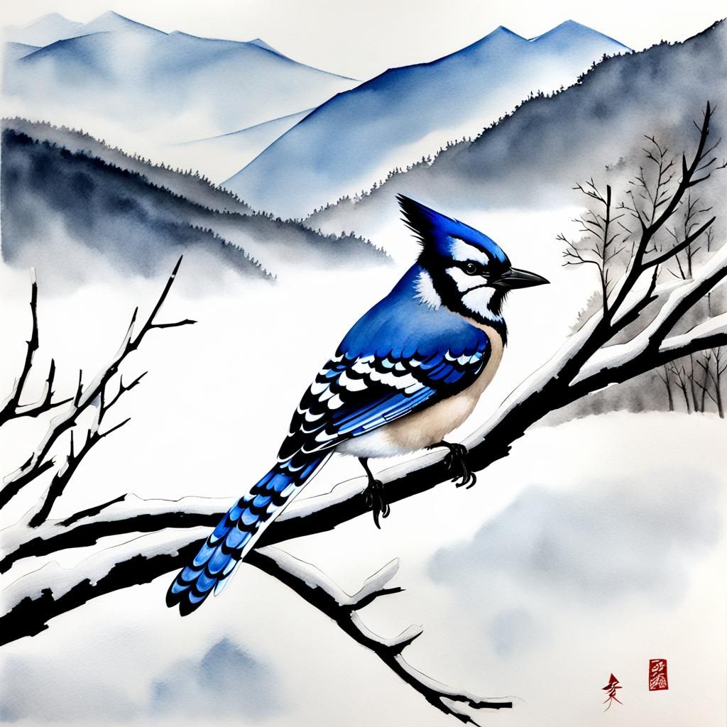 Blue Jay in Winter: Sumi-e Ink Wash Painting