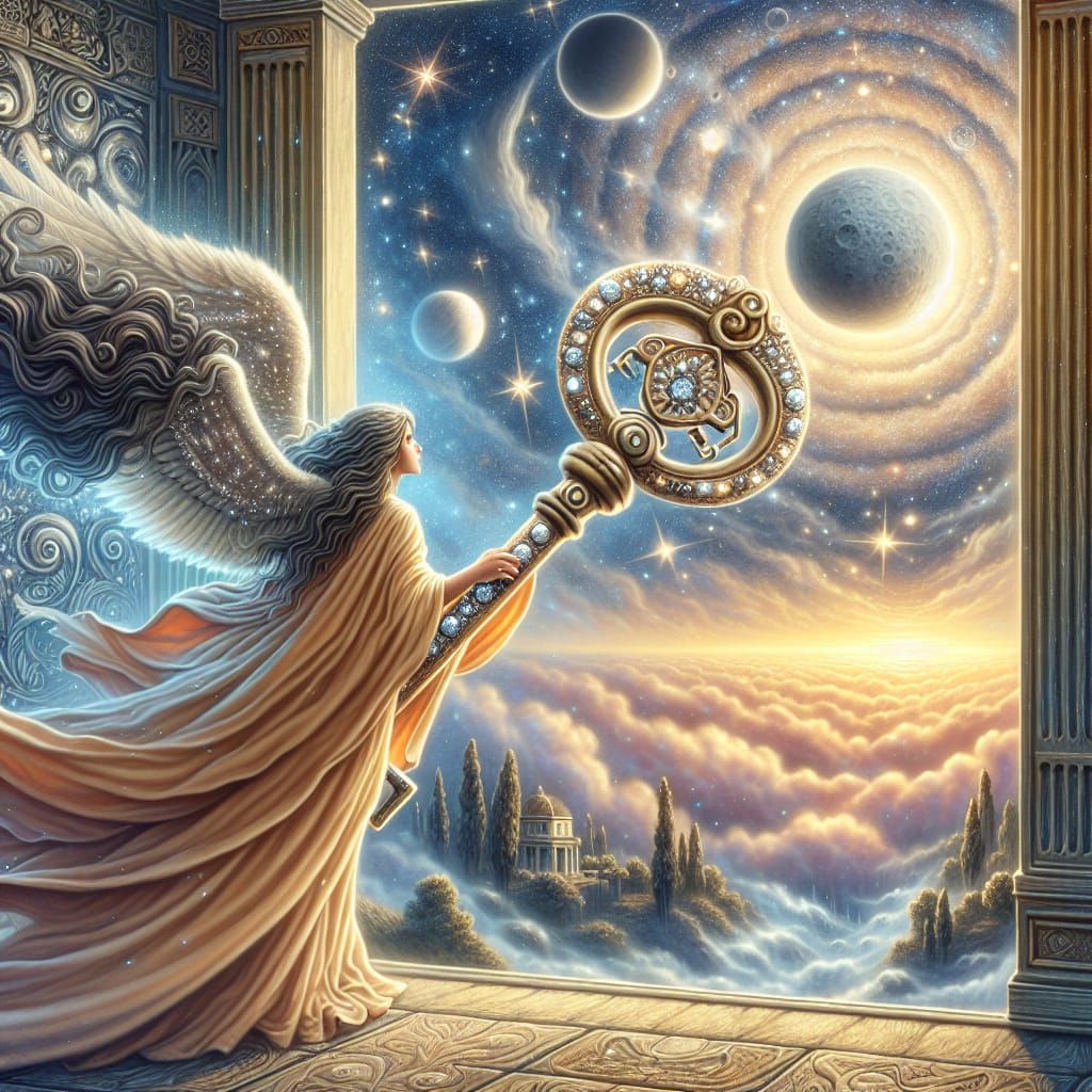Maiden Unlocks Celestial Door in Surreal Dreamscape