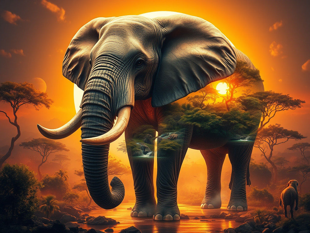 Elephant Encapsulating African Landscape in Matte Painting S...
