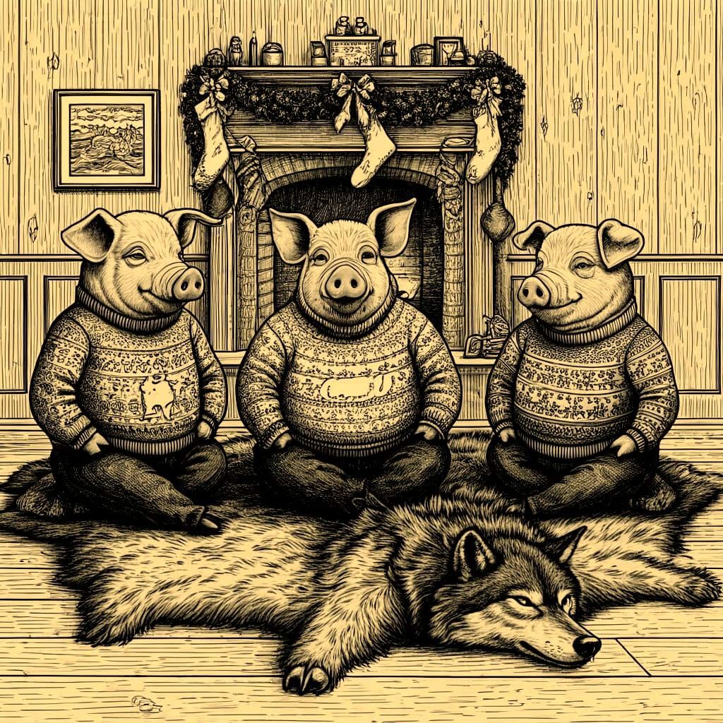 The Three Little Pigs Relaxing on Wolfskin Rug