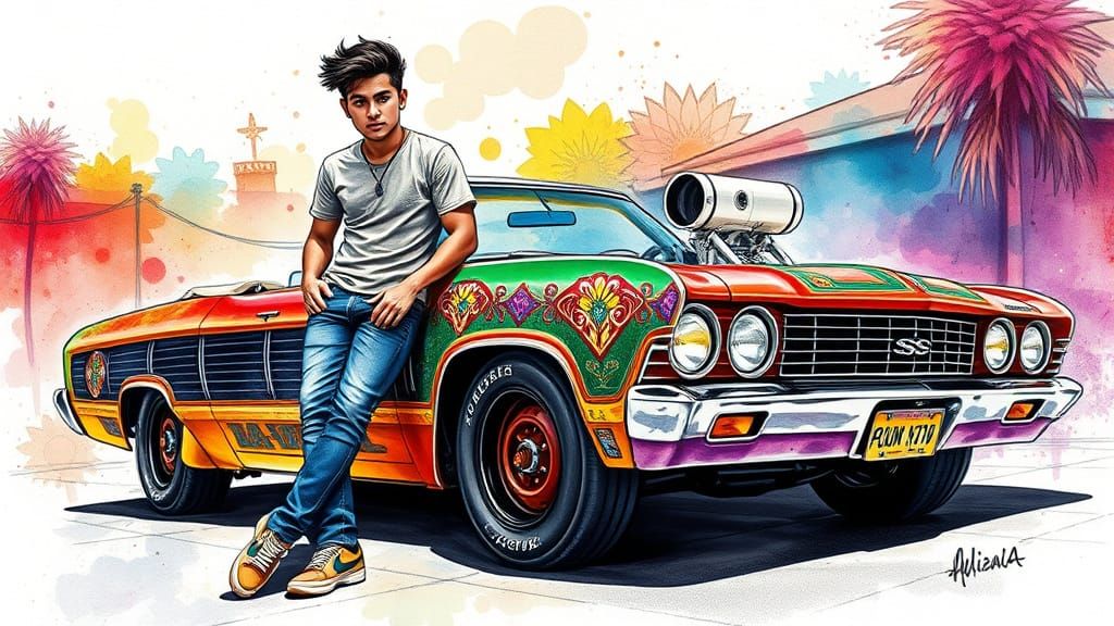 Chicano Man With Vibrant Camero Lowrider