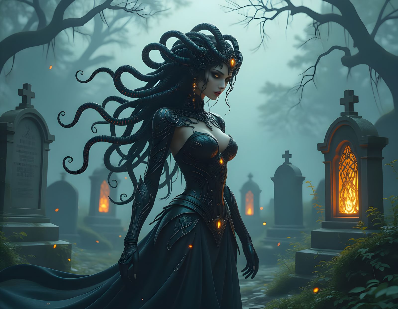 Biomechanical Medusa in Graveyard: Art Nouveau Style