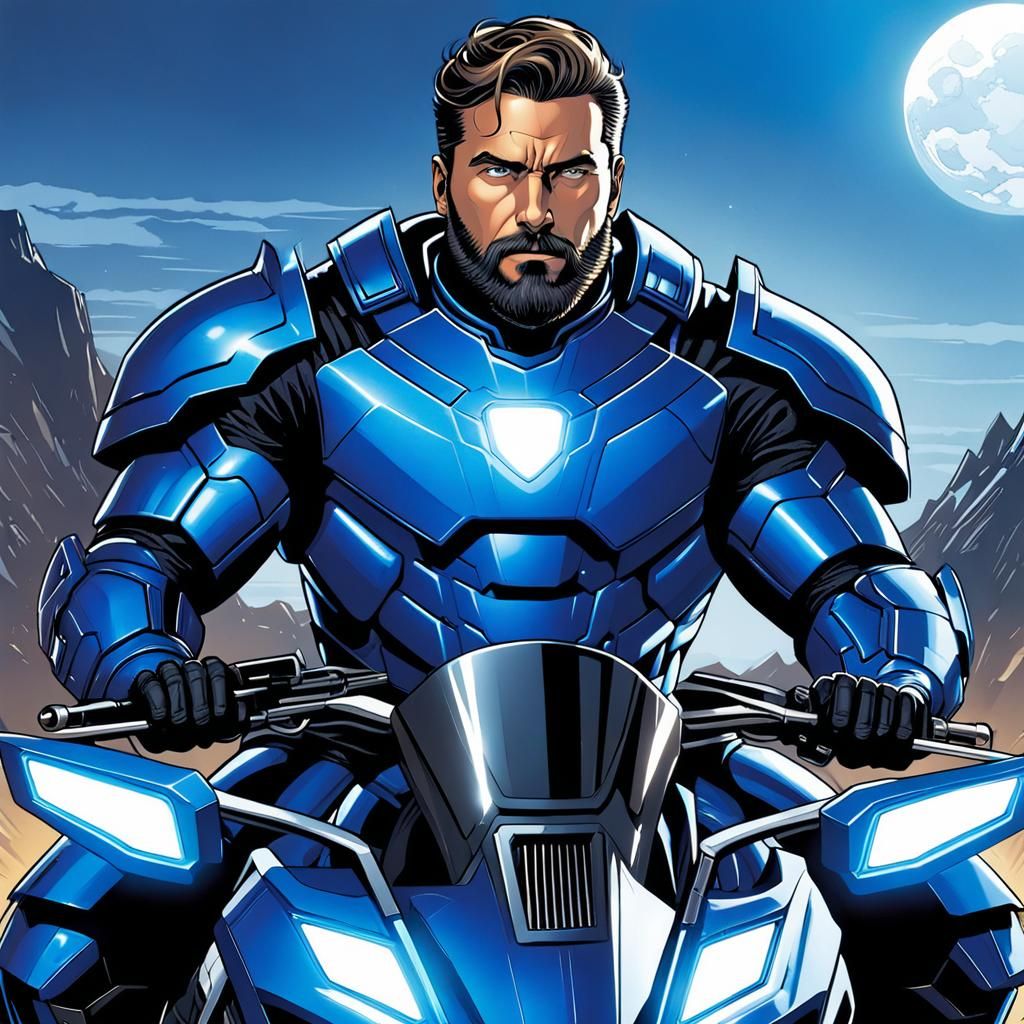 Superhero Armsmaster on Futuristic Bike, Comic Book Art