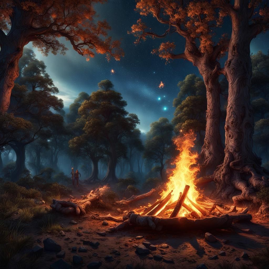 Majestic Night Campfire in Forest, Fantasy Concept Art