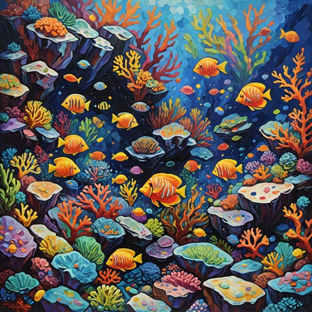 Fluorescent Coral Reef: Neo-Impressionist Oil Painting