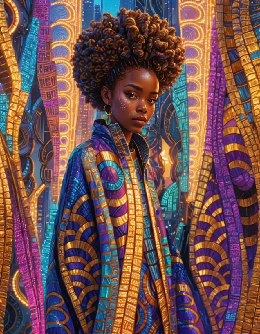 Afro-Futuristic Woman in a Neon Cityscape