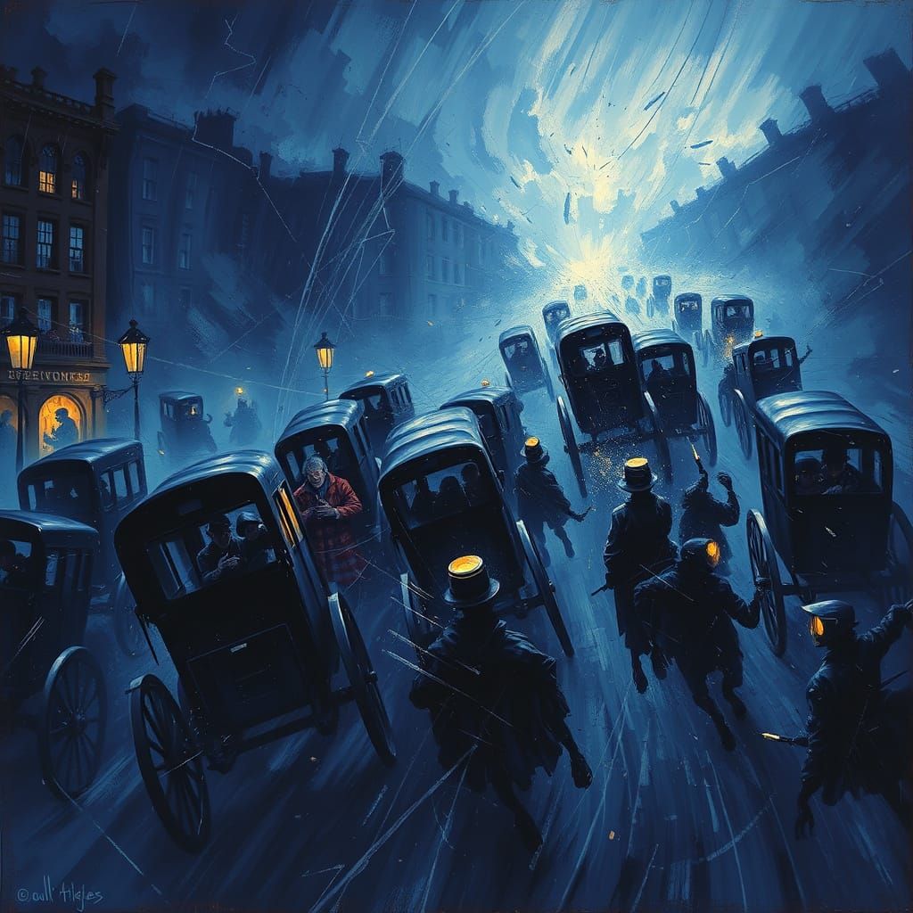 Indigo Carriages in Stormy Night Chaos