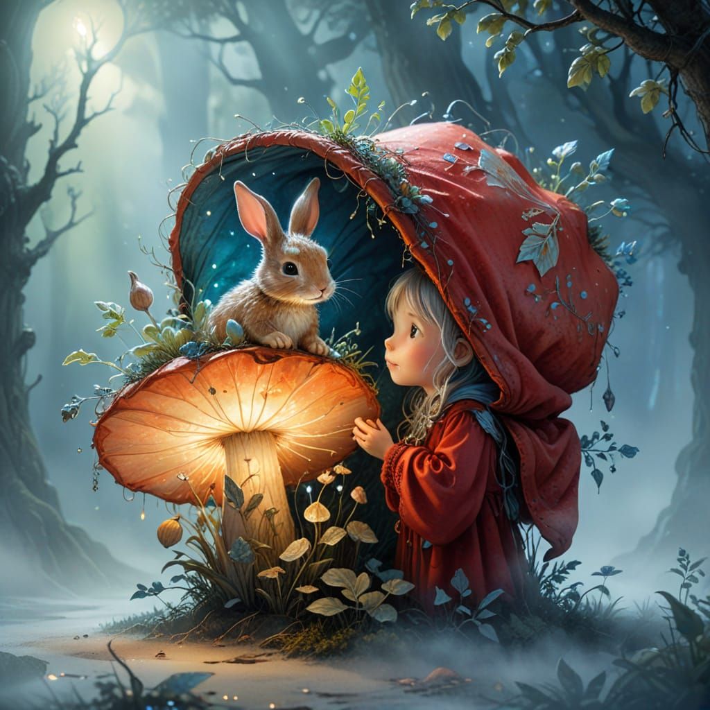 Fantasy Watercolor of Scruffy Bunny in Little Red Hood Costu...