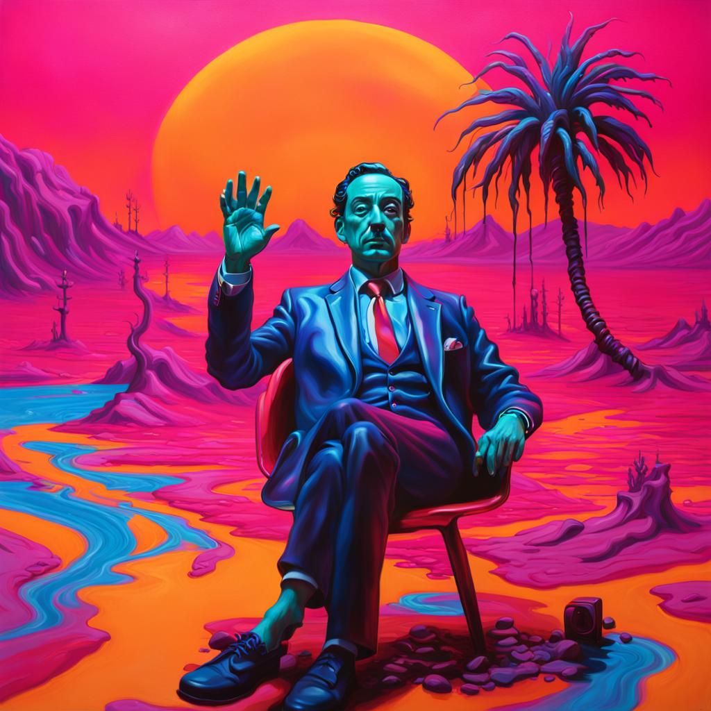 Surreal Action Figures in a Neon Synthwave Sunset