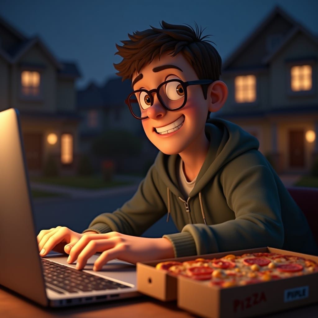 Happy Man Working Late with Pizza Delivery