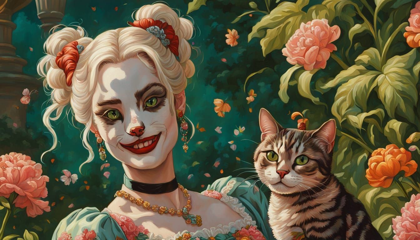 Rococo Portrait: Harley Quinn and Cat in Floral Gown