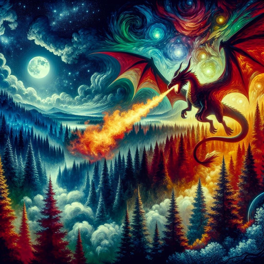 Majestic Fire Dragon in Post-Impressionist Style