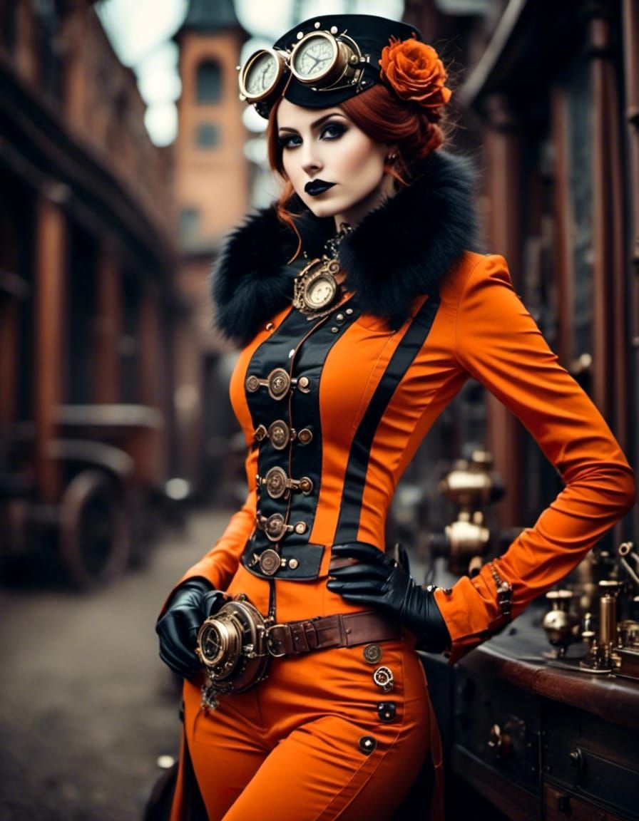 gothic steampunk girl, in orange overall