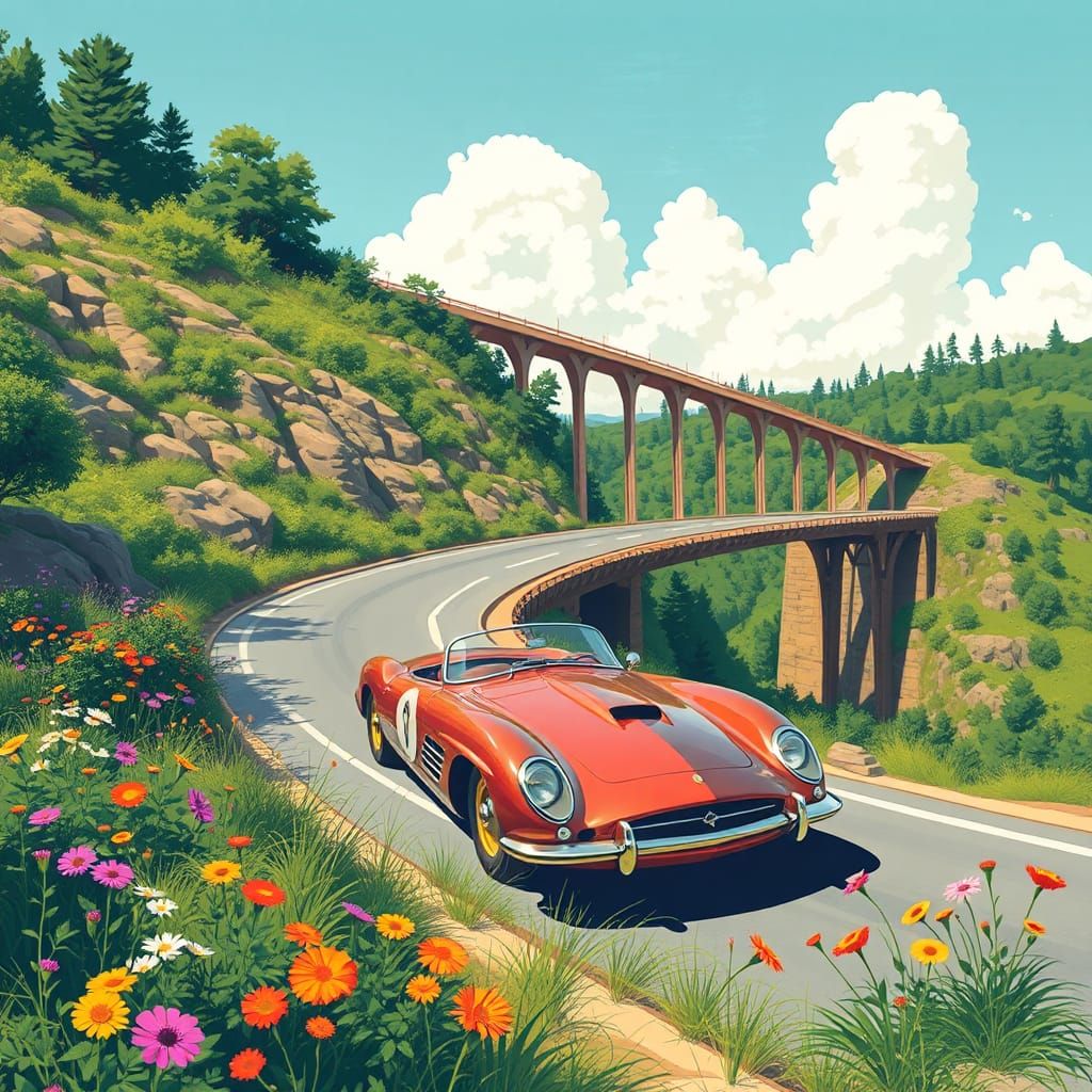 Vintage Car on Diamond Bridge: Dreamy Illustration