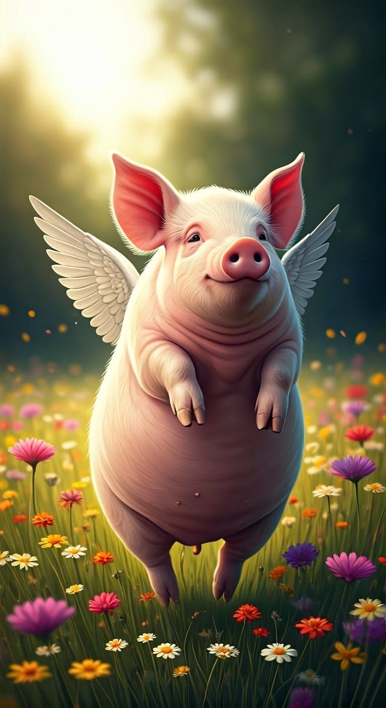 Whimsical Flying Pig in Wildflower Meadow