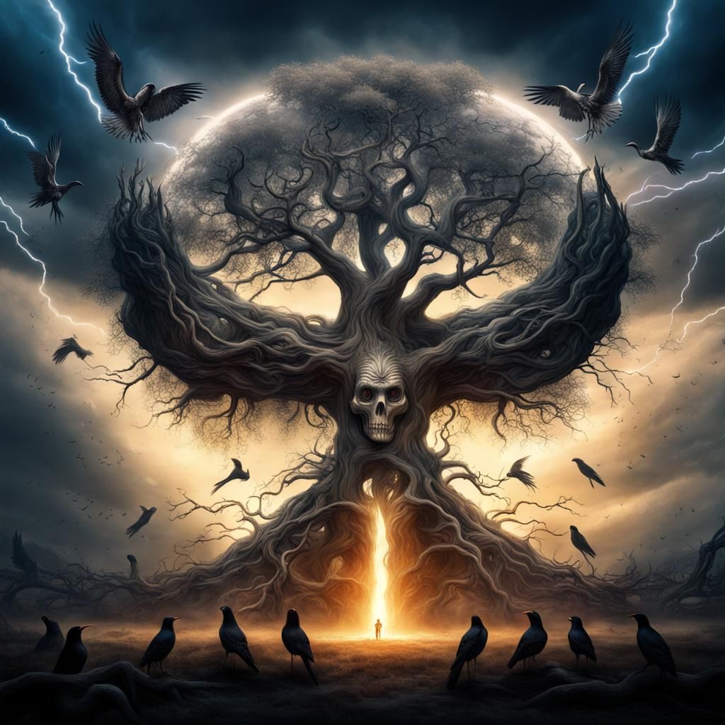 Magic Tree with Thunderbolts in Horror Style