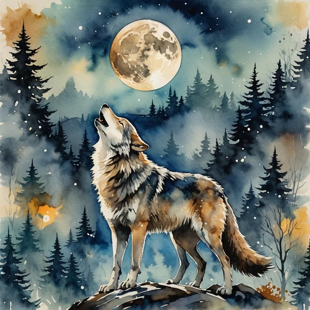 Watercolor Wolf Howling at Moon Art