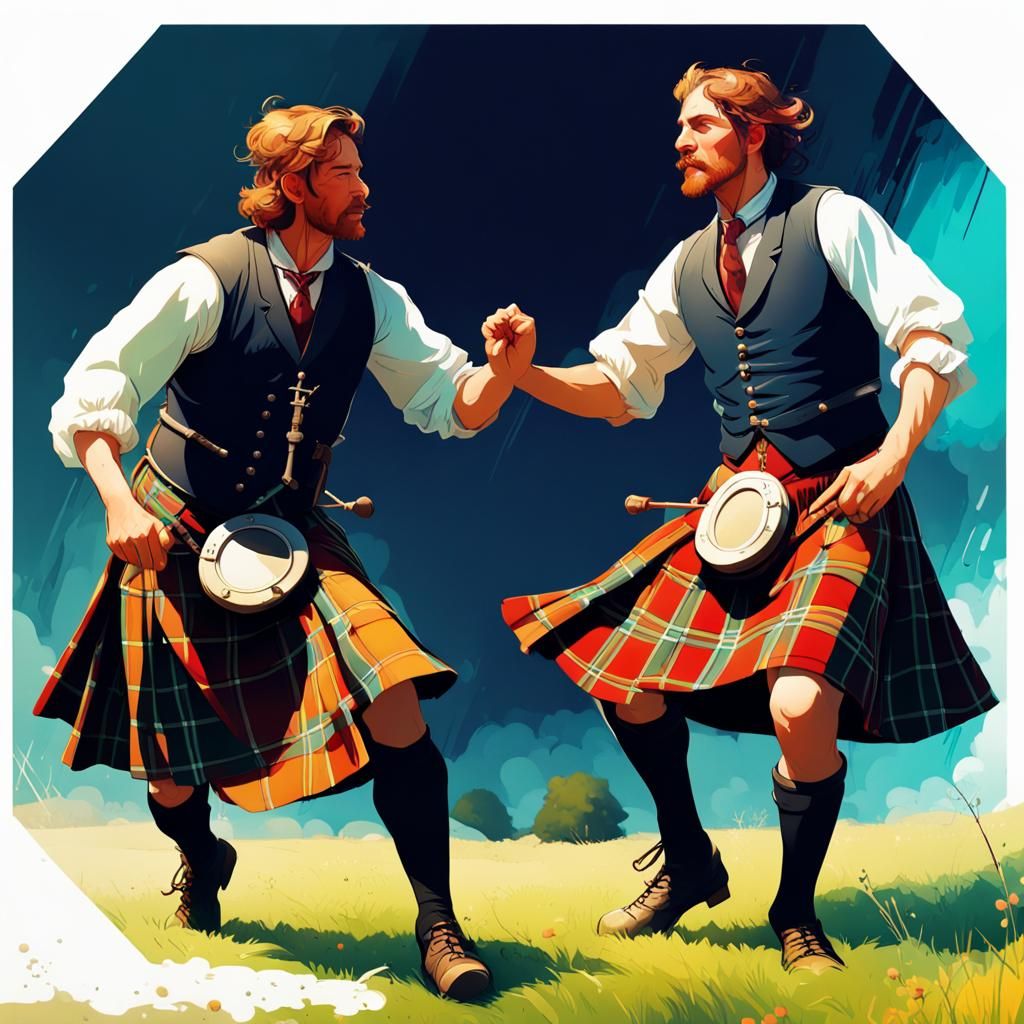 Men in Kilts Dancing: Art Nouveau Meadow Scene