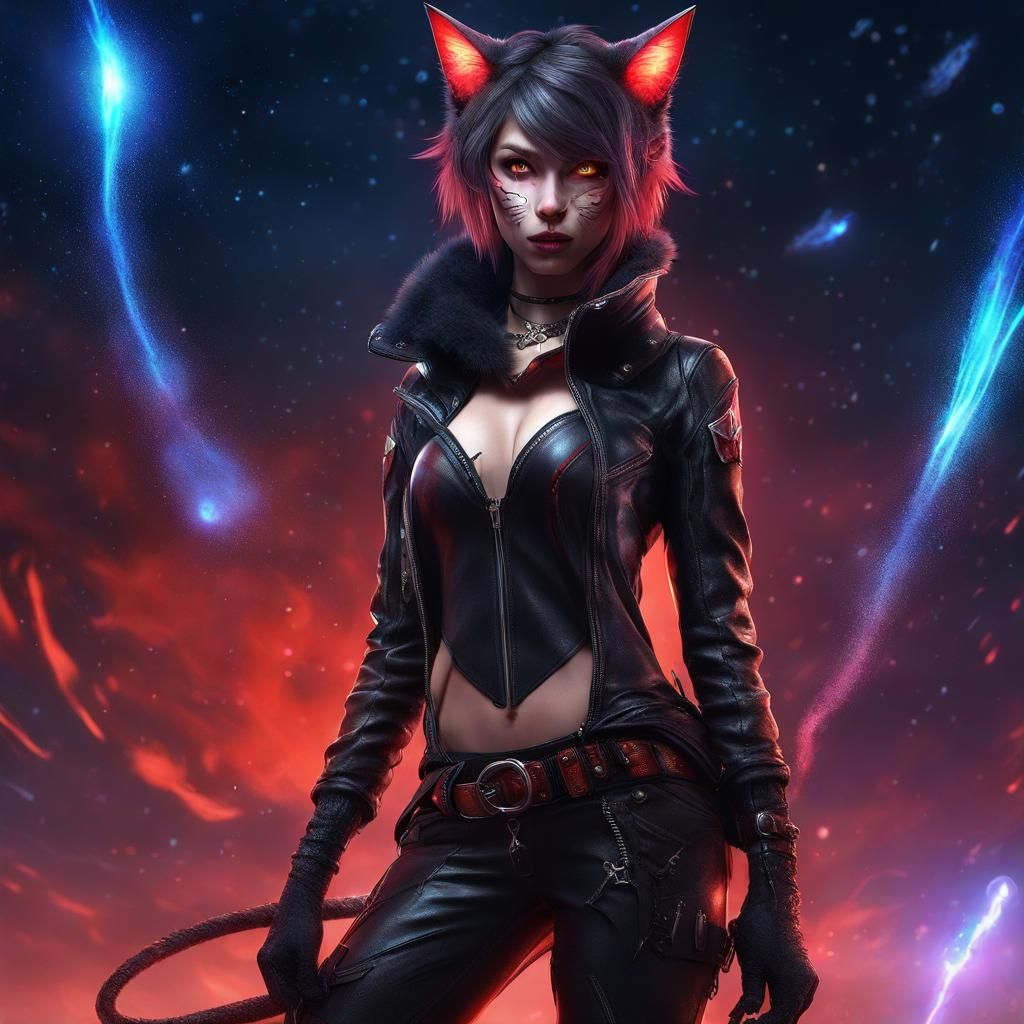 Hyper-Realistic Catgirl in Galaxy, Digital Art