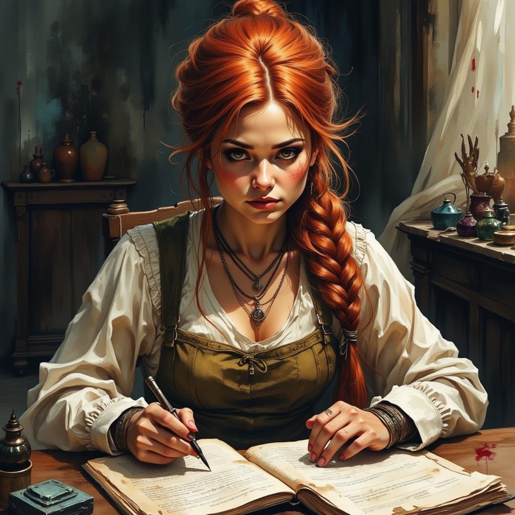 Dwarf Scribe at Cluttered Desk, Watercolor Style