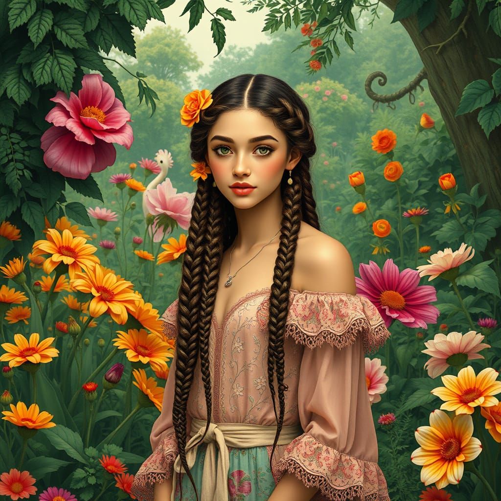 Elegant Woman in Garden, Art Nouveau Style