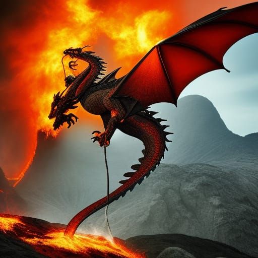 a dragon climbing out of a volcano Epic cinematic brilliant stunning intricate meticulously detailed dramatic atmospher...