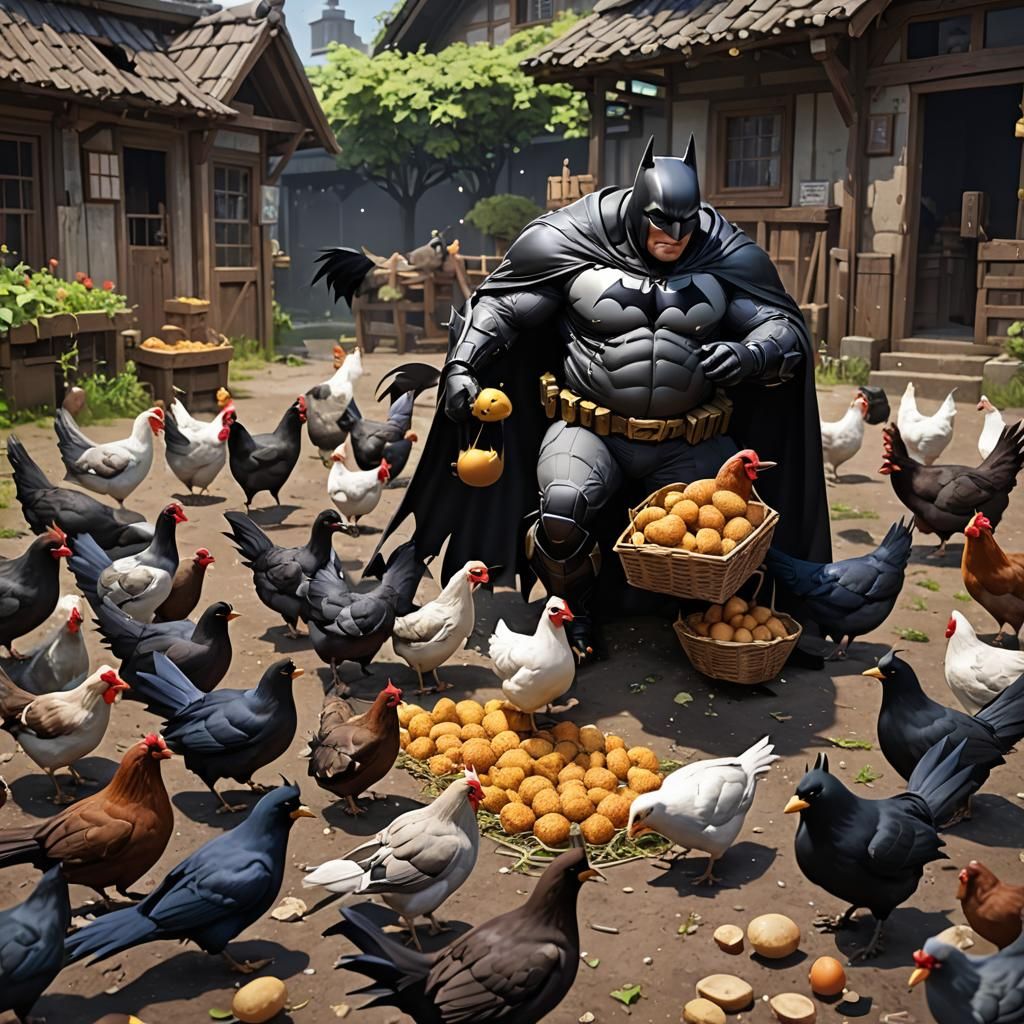 Obese Batman Feeds Chickens in 3D Anime Style