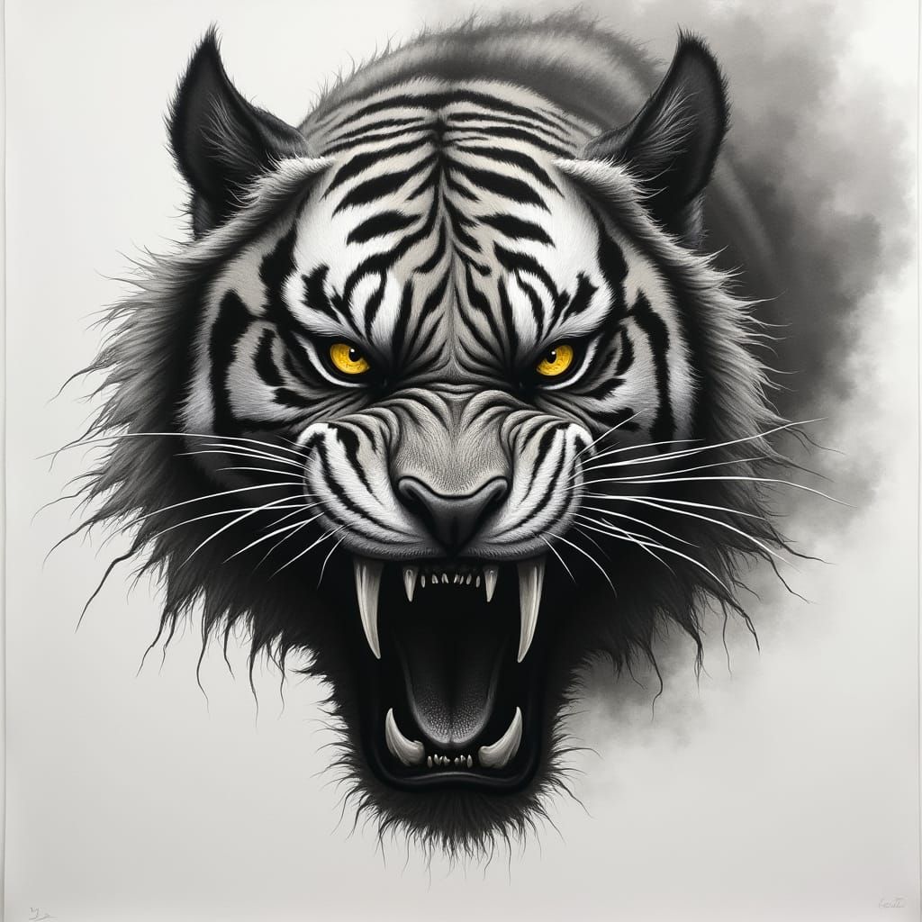 Fearsome Tiger Monster in Dark, Expressive Charcoal Drawing