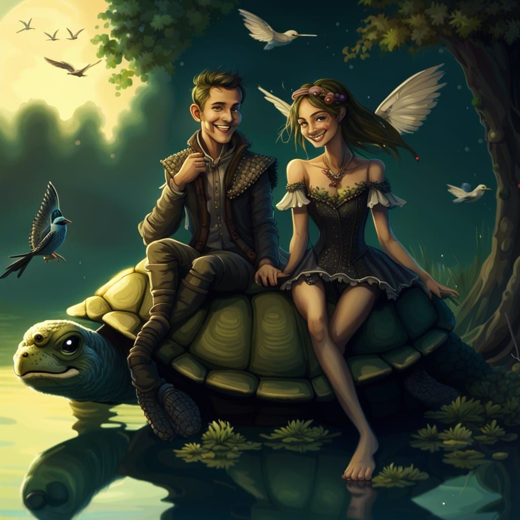 Fantasy Pixies Enjoying a Nighttime Turtle Ride