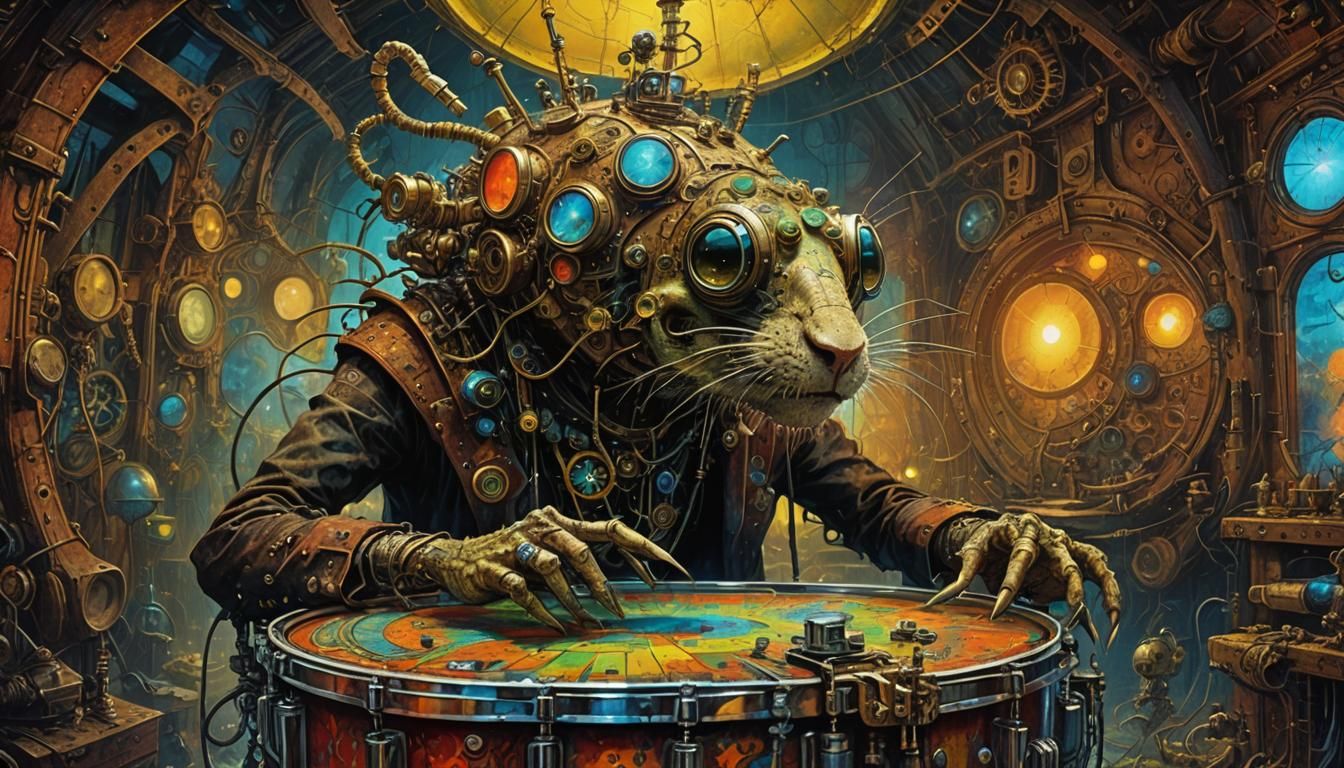 Psychedelic Steampunk Rat DJ in Vibrant Club