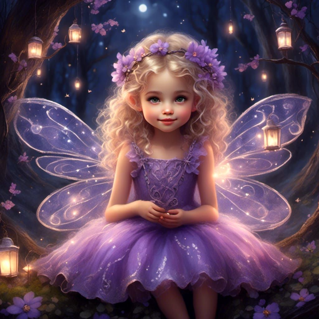 Fairy Girl with Fawn in Twinkling Forest: Oil Painting