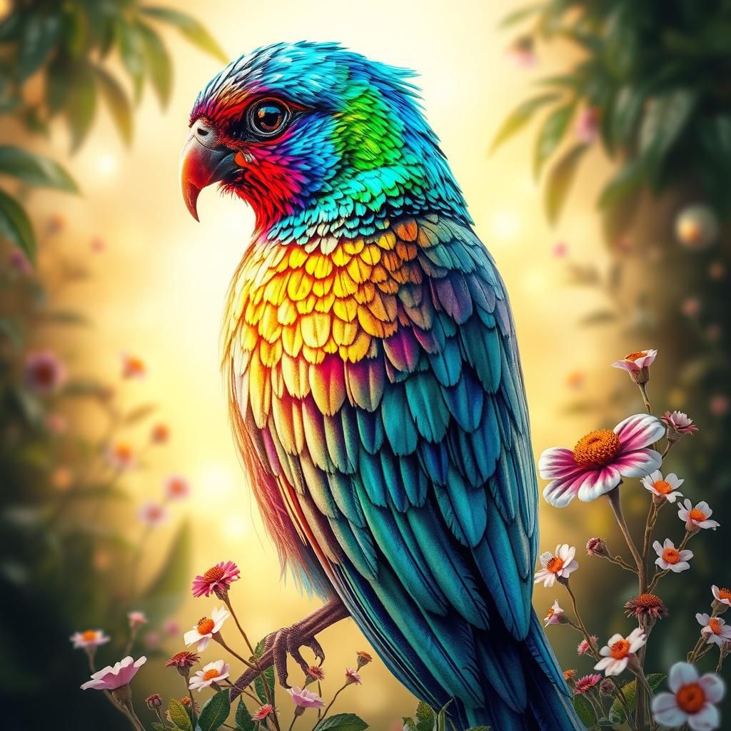 Iridescent Bird in Surreal Digital Art Landscape
